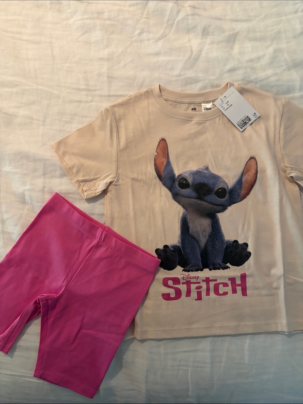 H&M Cream Disney Stitch Tee with Pink Logo